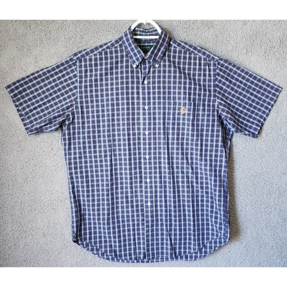Lauren Ralph Lauren Blue Plaid Crown Logo Button Down Short Sleeve Shirt Size M